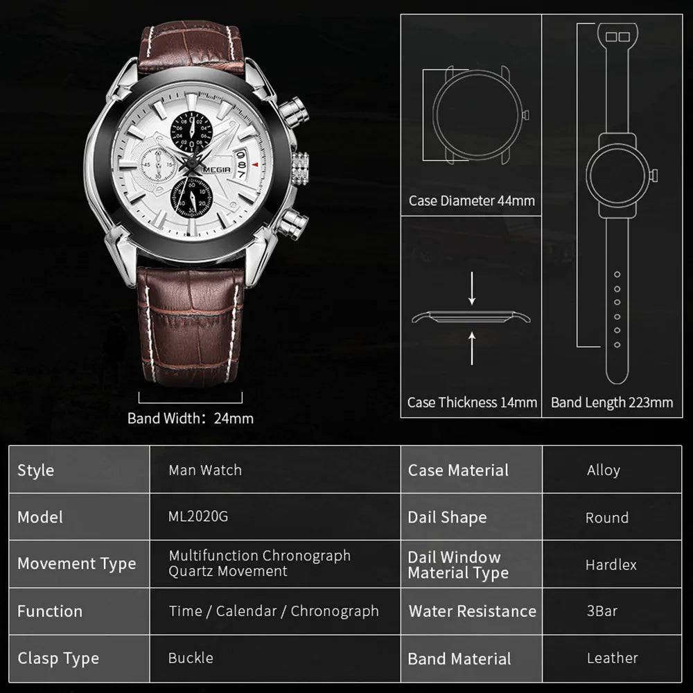 MEGIR Relogios Masculino Fashion Men Sports Watches Waterproof Quartz Chronograph Luxury Leather Casual Wrist Watch Male Clock